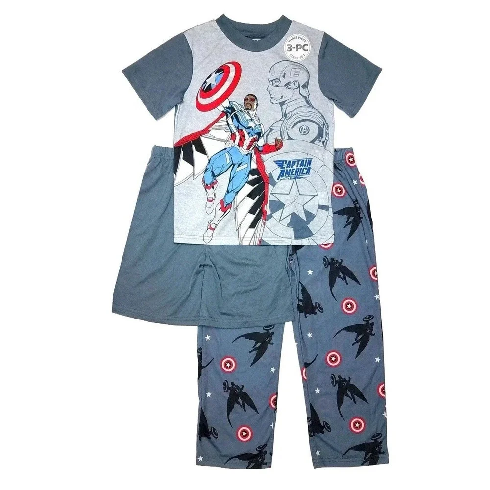 Captain America Boy's Supehero Polyester 3-Piece Short-Sleeved Pajama Set Sm 6-7